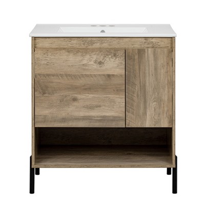Vynxaria 30 inch Natural Wood Modern Single Sink Freestanding Bath Vanity with White Ceramic Top Deep Drawers with Dividers Soft Close Door Open Shelf