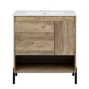 Vynxaria 30 inch Natural Wood Modern Single Sink Freestanding Bath Vanity with White Ceramic Top Deep Drawers with Dividers Soft Close Door Open Shelf - 1 of 4