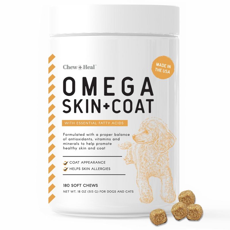 Chew + Heal Omega Skin + Coat, Dog Supplement, Salmon Oil with Essential Fatty Acids & Vitamins - 180 Delicious Chews, 1 of 10