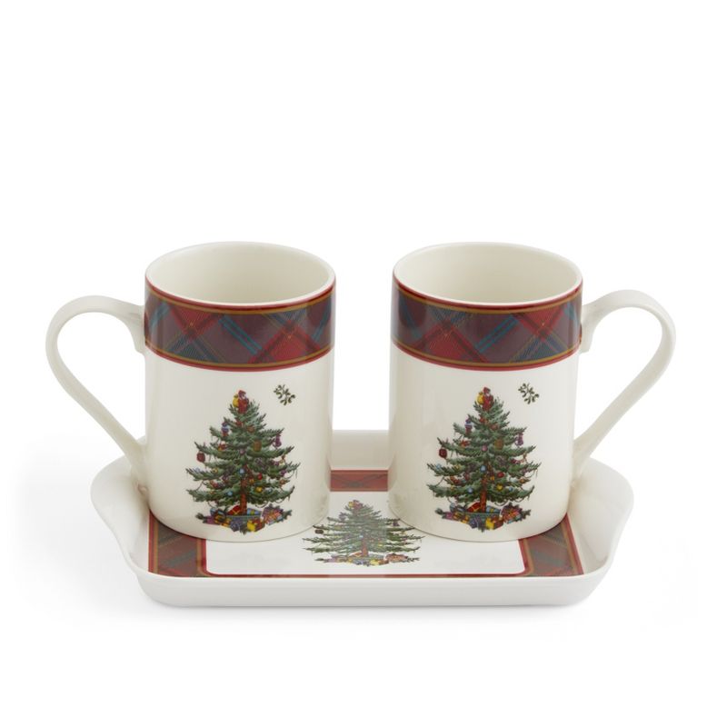 Spode Christmas Tree Tartan Set of 2 Mugs & Tray - 10 oz. mugs / 8" tray, 2 of 7