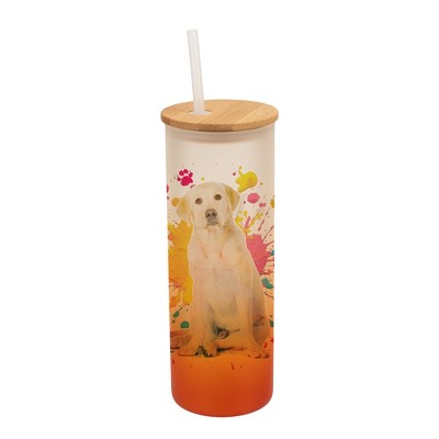 100 North 25 Ounce Frosted Glass Gradient Travel Tumbler With Straw & Wooden Lid, Yellow Labrador Paint Splatter Orange