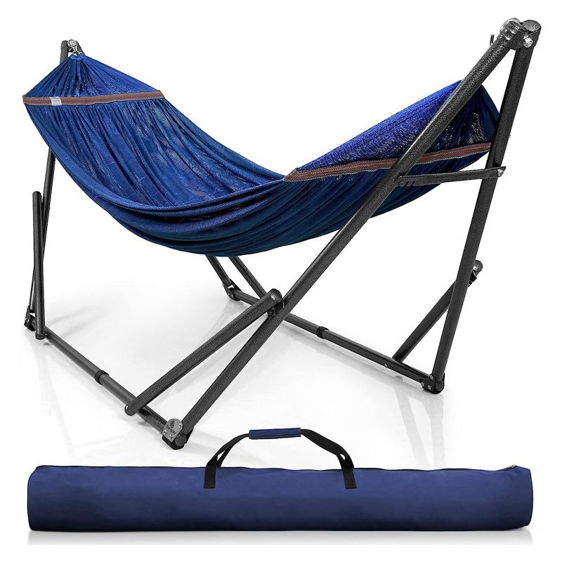 Tranquillo Universal 106.5 Inch Double Hammock Swing with Adjustable Powder-Coated Steel Stand and Carry Bag for Indoor or Outdoor Use, Aegean, 1 of 7