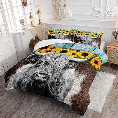 Acoinel 3Pcs Sunflowers Cow Comforter Set with 1 Quilt 2 Pillowcases, for Kids Teens Boys Girls Adults Bedroom