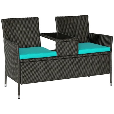Outdoor Patio Loveseat Conversation Furniture Set, Cushions & Built-in Coffee Table, Small 2-in-1 2 Person Seating for Front Porch, Balcony