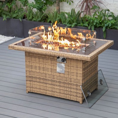 Light Brown Wicker Gas Fire Pit Table with Glass Shield