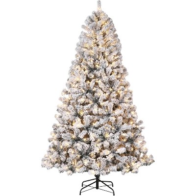 4.5Ft Pre-Lit Christmas Tree, Snow Flocked Christmas Tree with 150 Warm White Lights and 340 Branch Tips, Holiday Xmas Tree for Home Party Decoration