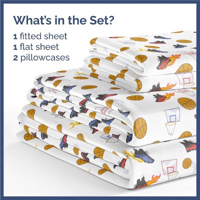 Kids Basketball Print Blue Microfiber Queen Sheet Set