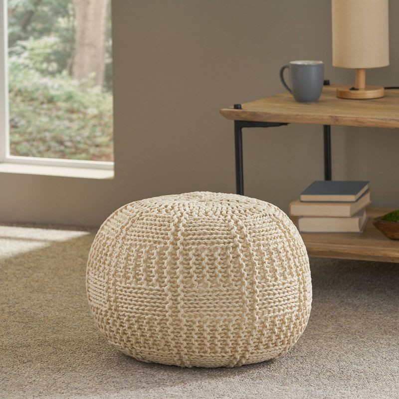 Hortense Modern Knitted Cotton Round Pouf - Christopher Knight Home, 3 of 10
