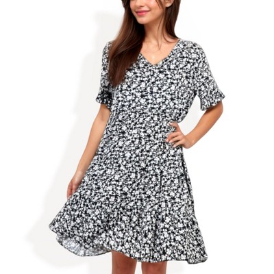Anna-Kaci Women's V-Neck Floral Print Ruffle Hem Dress with Short Sleeves