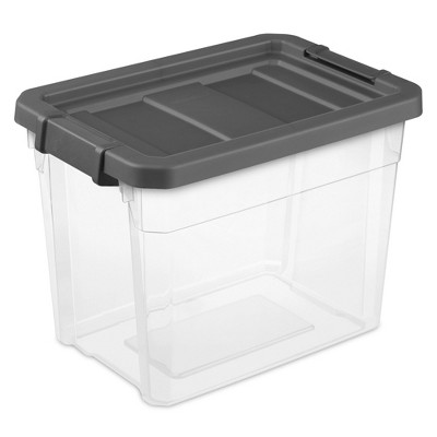 Sterilite 30 Quart Plastic Home Storage Bin Versatile Organizing Container Tote with Secure Latching Lid and Clear Base, Grey (24 Pack)