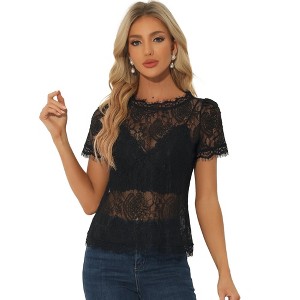Allegra K Women's Lace Floral Scalloped Trim Short Sleeve Semi Sheer Top - 1 of 4
