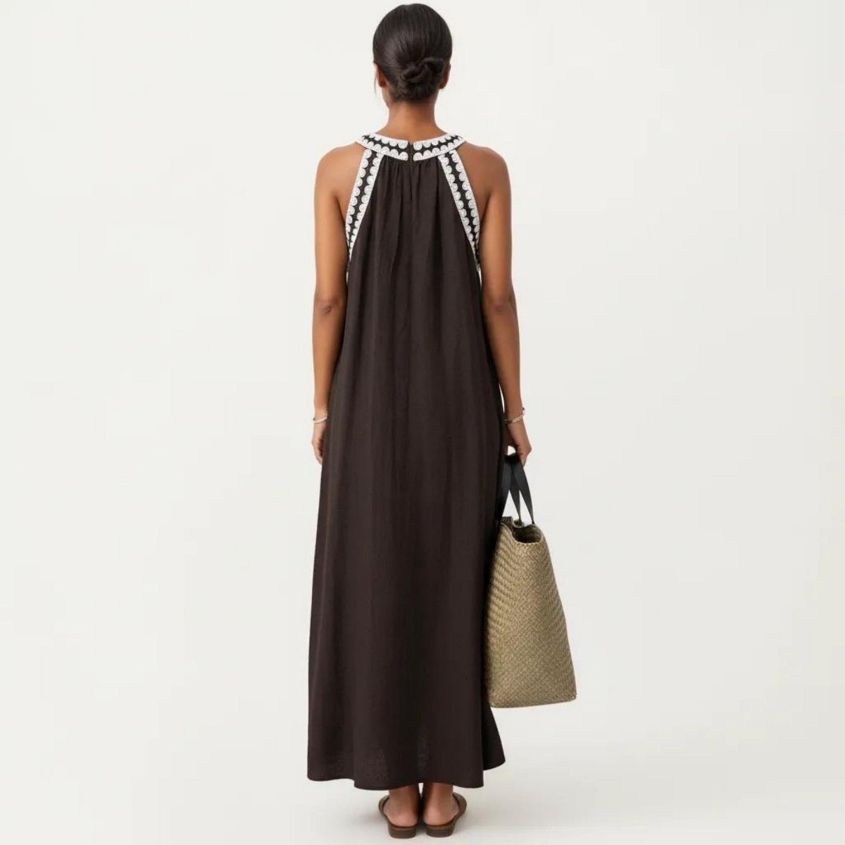 Женские платья Anna-Kaci Women's Sleeveless Halter Neck Maxi Dress with Contrast Trim Detail and Relaxed Flowy A-Line Silhouette Design - X Large, Brown — фото 4