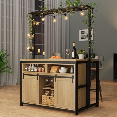 Kitchen Bakers Rack with Charging Outlet, Microwave Stand with Sliding Door & Open Shelves, Convenient Hooks, Space-Saving Coffee Bar Table for