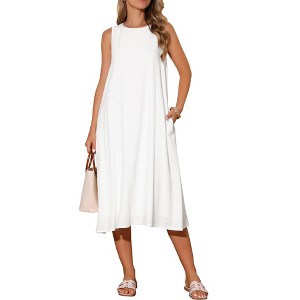 INSPIRE CHIC Women's Linen Sleeveless Crew Neck Shift with Pockets Casual Midi Dress - 1 of 4