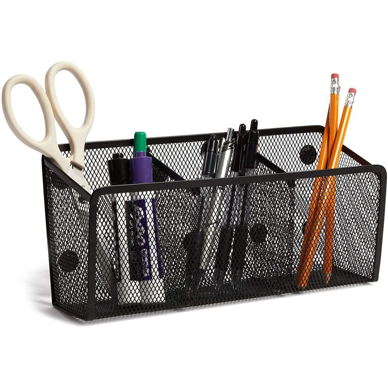 Juvale Black Mesh Wire Magnetic Pencil Pen Holder with 3 Compartments, Desk Organizer 10.5 in, 1 of 7