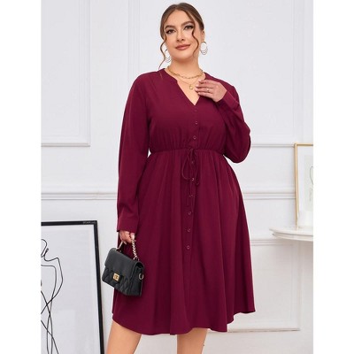 Women's Plus Size Button Down Maxi Dress V Neck Long Sleeve Business Casual Work Polo Shirt Long Dress with Pockets