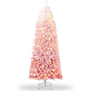 TackView Prelit Artificial Christmas Tree, Pre-Lit Snow Flocked Pencil Christmas Tree with RGB & Warm White Lights, Foldable Base - 1 of 4