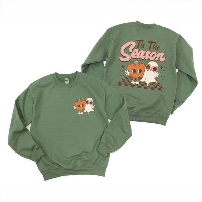 Simply Sage Market Women's Graphic Sweatshirt Distressed Tis The Season Pumpkin Ghost Front and Back