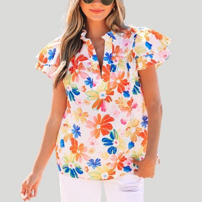 Amaryllis Women’s Bright Floral Ruffle Trim Split Neck Short Sleeve Top Lightweight Woven Fabric Casual Vacation Beach Blouse- Large ,Orange
