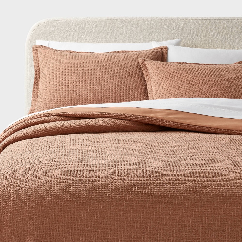 Photos - Bed Linen King Washed Waffle Weave Duvet Cover and Sham Set Camel - Threshold™