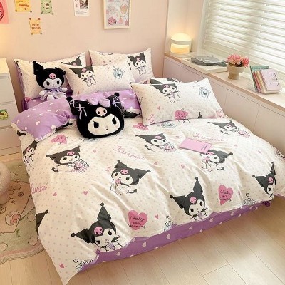 4-Piece Kuromi Cartoon-Print Bed Set White with Purple Accents 60x80-92in