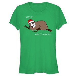 Juniors Womens Lost Gods Christmas Wake Me Sloth T-Shirt - 1 of 4