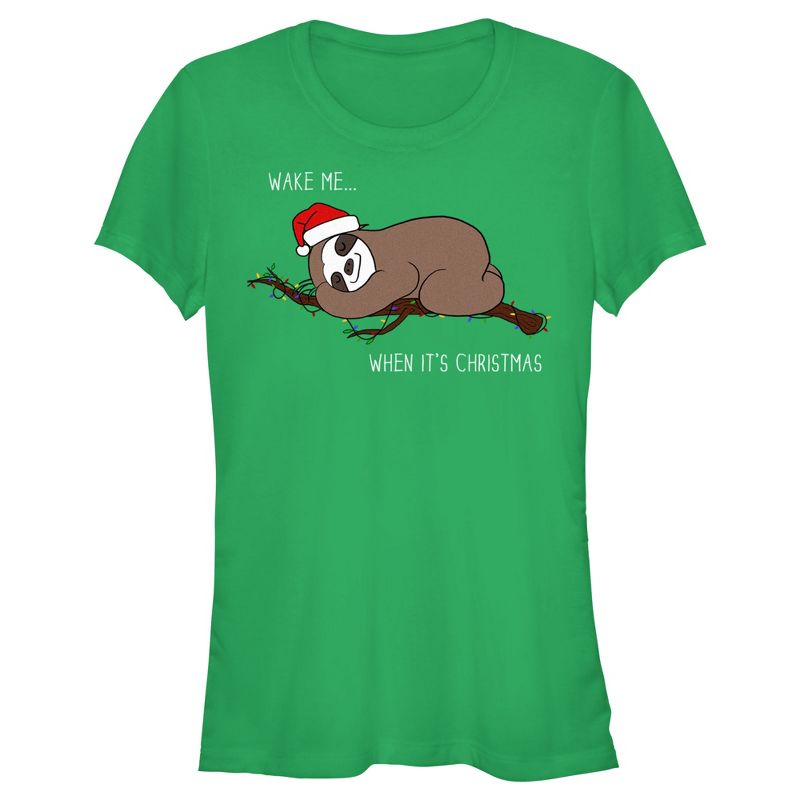 Juniors Womens Lost Gods Christmas Wake Me Sloth T-Shirt, 1 of 5