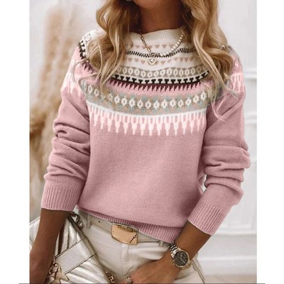 Coolmee Womens Sweater Casual Midweight Vintage Fair Isle Sweater Raglan Sleeve Crew Neck Knitted Pullover Comfy Warm Winter Tops