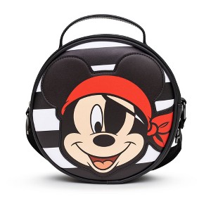 Disney Bag, Cross Body, Round, Pirate Mickey Mouse Smiling Expression Applique, Stripe Black White, Vegan Leather - 1 of 4