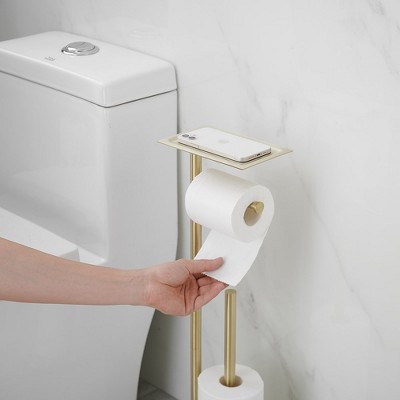Brushed Gold Freestanding Toilet Paper Holder with Storage Shelf