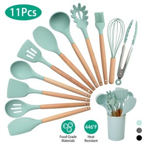 11Pcs Silicone Cooking Utensil Set Heat Resist Wooden Handle Silicone Spatula Turner Ladle Spaghetti Server Tongs - 1 of 4