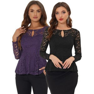 INSPIRE CHIC Women's Floral Lace Front Peplum Hem Keyhole Sheer Long Sleeve Blouse 2 Pieces - 1 of 4