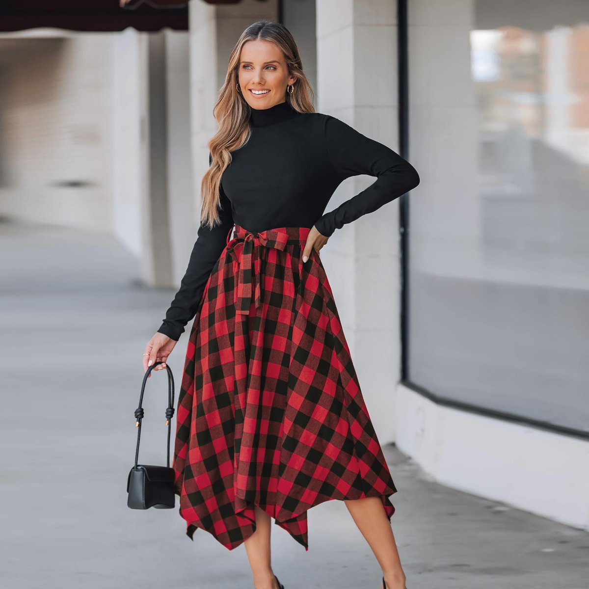 Женские платья Cupshe Women's Black Mockneck Top Plaid Handkerchief Hem Skirt Midi Dress-M-Red — фото 4