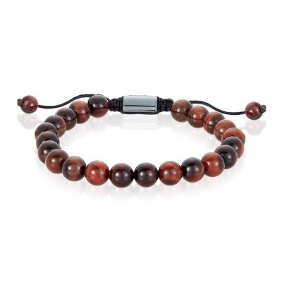 Crucible Men's Red Tiger Eye Stone Bead Adjustable Bracelet (8mm)