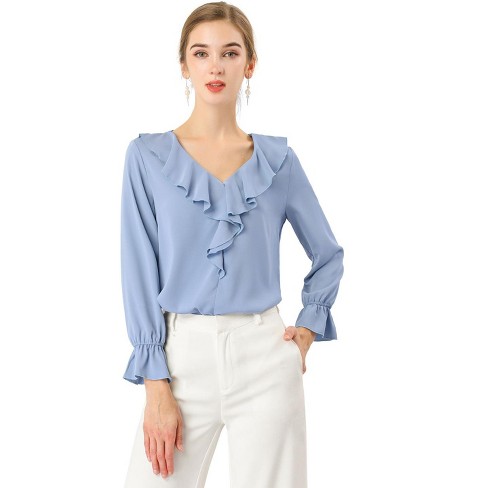 Allegra K Women's Office Work Ruffle V Long Sleeve Neck Chiffon Peasant  Blouse Baby Blue Small