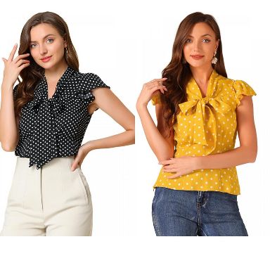 INSPIRE CHIC Women's Polka Dots Tie V Neck Flutter Cap Sleeve