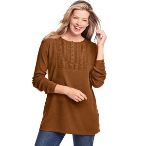 Woman Within Plus Size Washed Thermal Lace Bib Henley Tee - 1 of 4