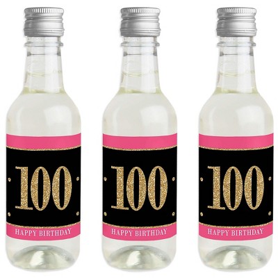 Big Dot of Happiness Chic 100th Birthday - Pink, Black and Gold - Mini Wine & Champagne Bottle Label Stickers - Birthday Party Favor Gift - Set of 16