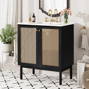KWPZQEB 30" Farmhouse Bathroom Vanity with Ceramic Sink, Wooden Vanity Cabinet with Handwoven Rattan Doors & Soft Closing Door, Easy Assembly - 1 of 4
