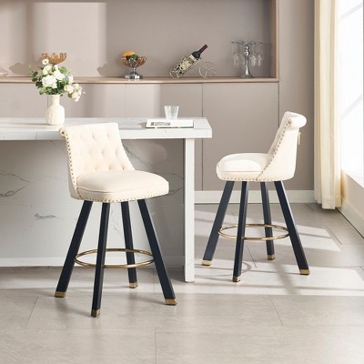 SKRAN Modern Velvet Upholstered Bar Stools,360 Degree Rotation With Back Support & Pull Loop Rivet Decoration, Square Feet, Simple And Elegant