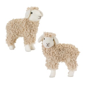 Standing Plush Sheep Decor with Curly Fabric – 10.75"H Farmhouse Beige Sheep Figurines (Set of 2) by Melrose - 1 of 4
