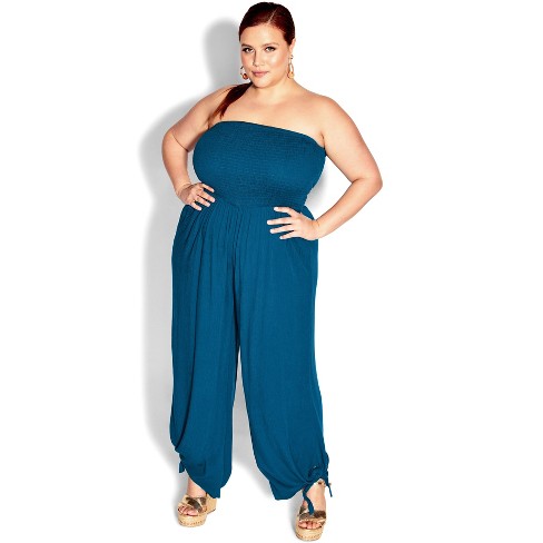 Women's Plus Size Smocked Jumpsuit - Blue