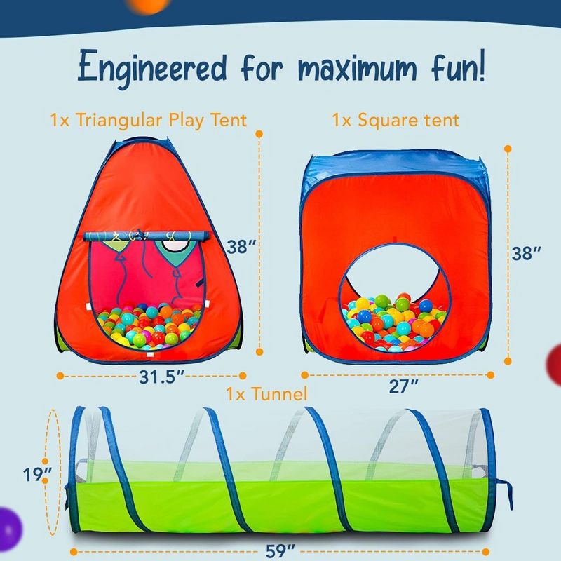 Kiddey 3 Piece Play Tent with Crawl Through Tunnel, 2 Playhouse Tents & Ball Pit Areas, Amazing Kids Playground, 3 of 7