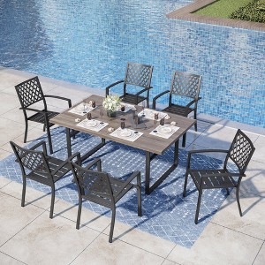 Captiva Designs 7pc Patio Dining Driftwood Finihsed Rectangle Table with Umbrella Hole & Metal Arm Chairs - 1 of 4
