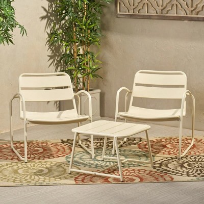 3-Piece Outdoor Patio Chat Set, Modern Slatted Chairs and Metal Side Table with Matte Black Finish, Balcony Conversation Seating -The Pop Home