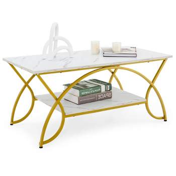Costway Coffee Table Modern Marble 2-Tier Coffee Table  Gold Rectangle for Living Room