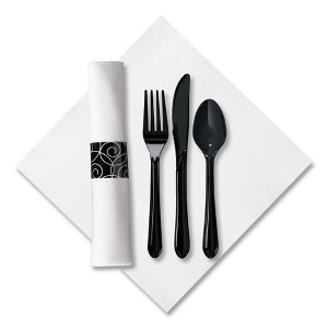 Hoffmaster CaterWrap Heavyweight Cutlery Combo - Fork/Spoon/Knife/Napkin - Black - 100 kits - 1 of 4