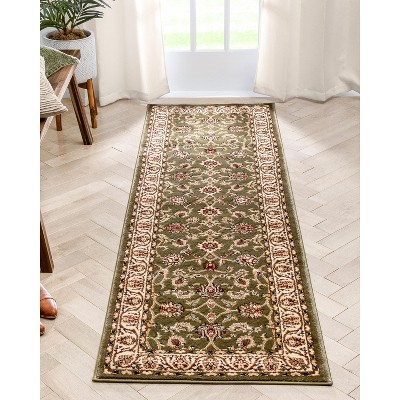 Green Floral Sarouk Runner Rug with Jute Backing