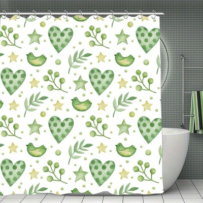 Green Heart Bird Waterproof Shower Curtain, Polyester Bath Curtain with Privacy, Durable & Machine Washable 70.8x70.8 Inch