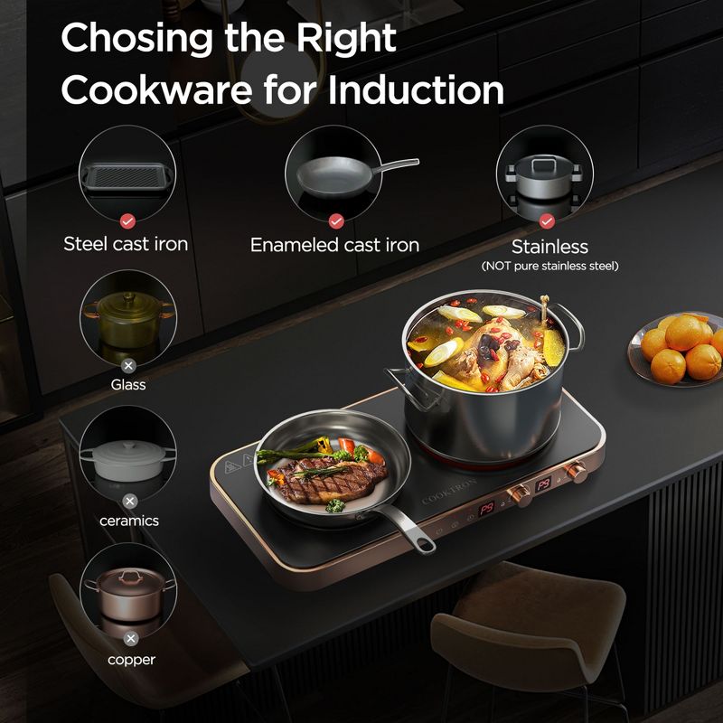 COOKTRON Portable Induction Cooktop Electric Stove &Cast Iron Griddle, Rose Gold, 4 of 7